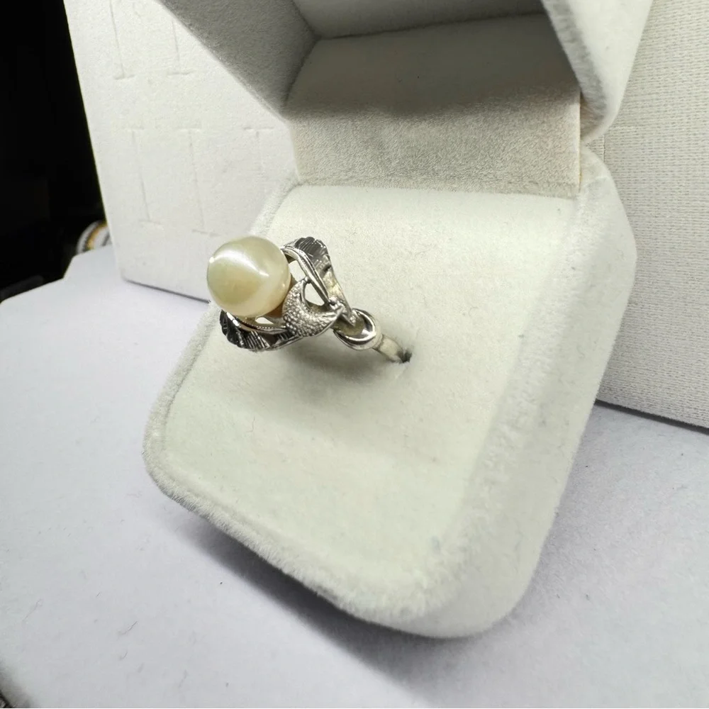 Cultured Pearl 925 Sterling Silver Ring Art Deco Size 5.75